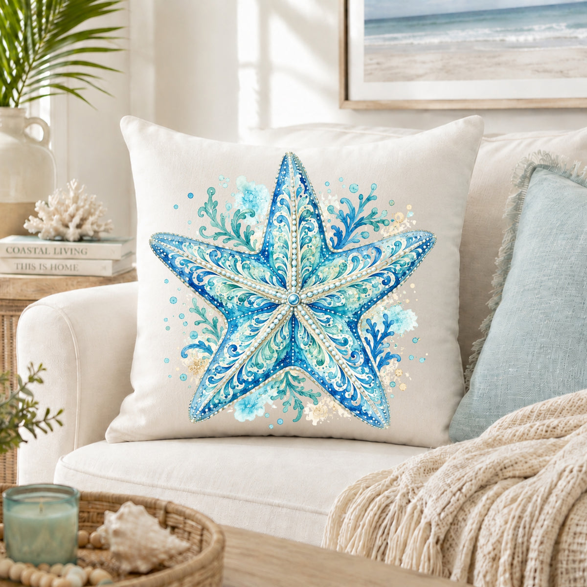 Ornamental Watercolor Starfish Throw Pillow