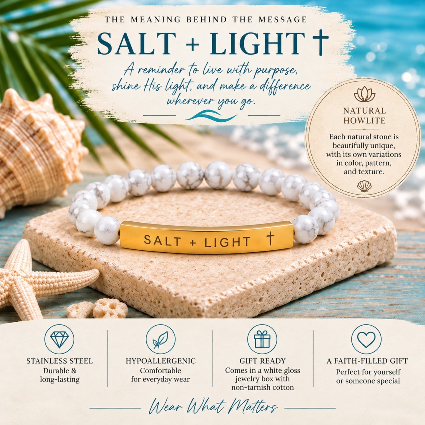 Salt + Light Engraved Howlite Natural Stone Bracelet with Cross