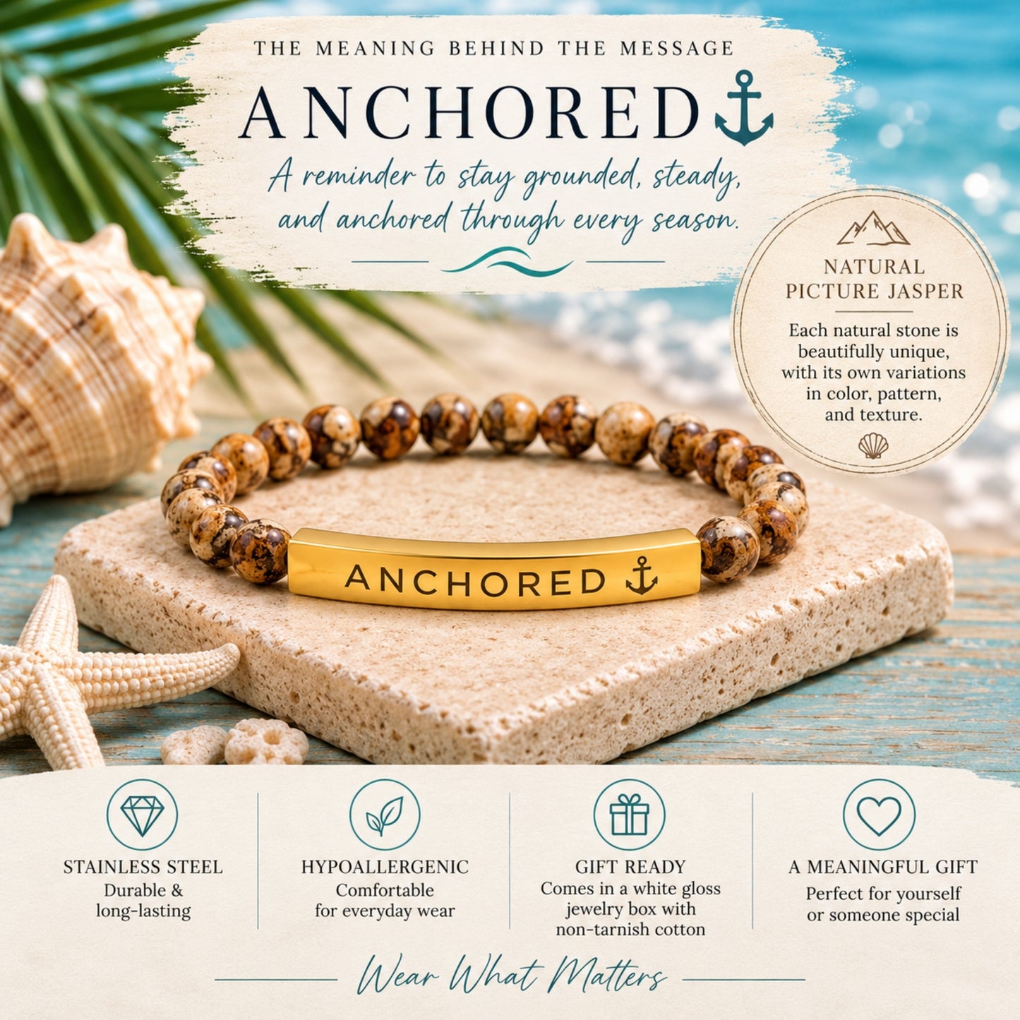 Anchored Engraved Picture Jasper Natural Stone Bracelet with Anchor