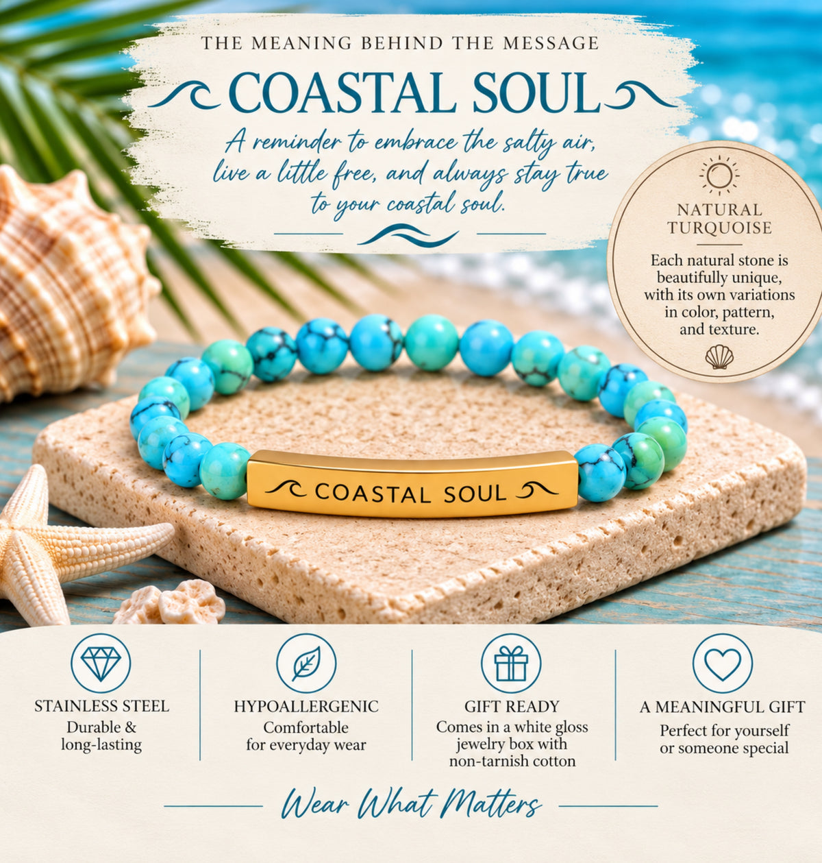 Coastal Soul Engraved Turquoise Natural Stone Bracelet with Waves