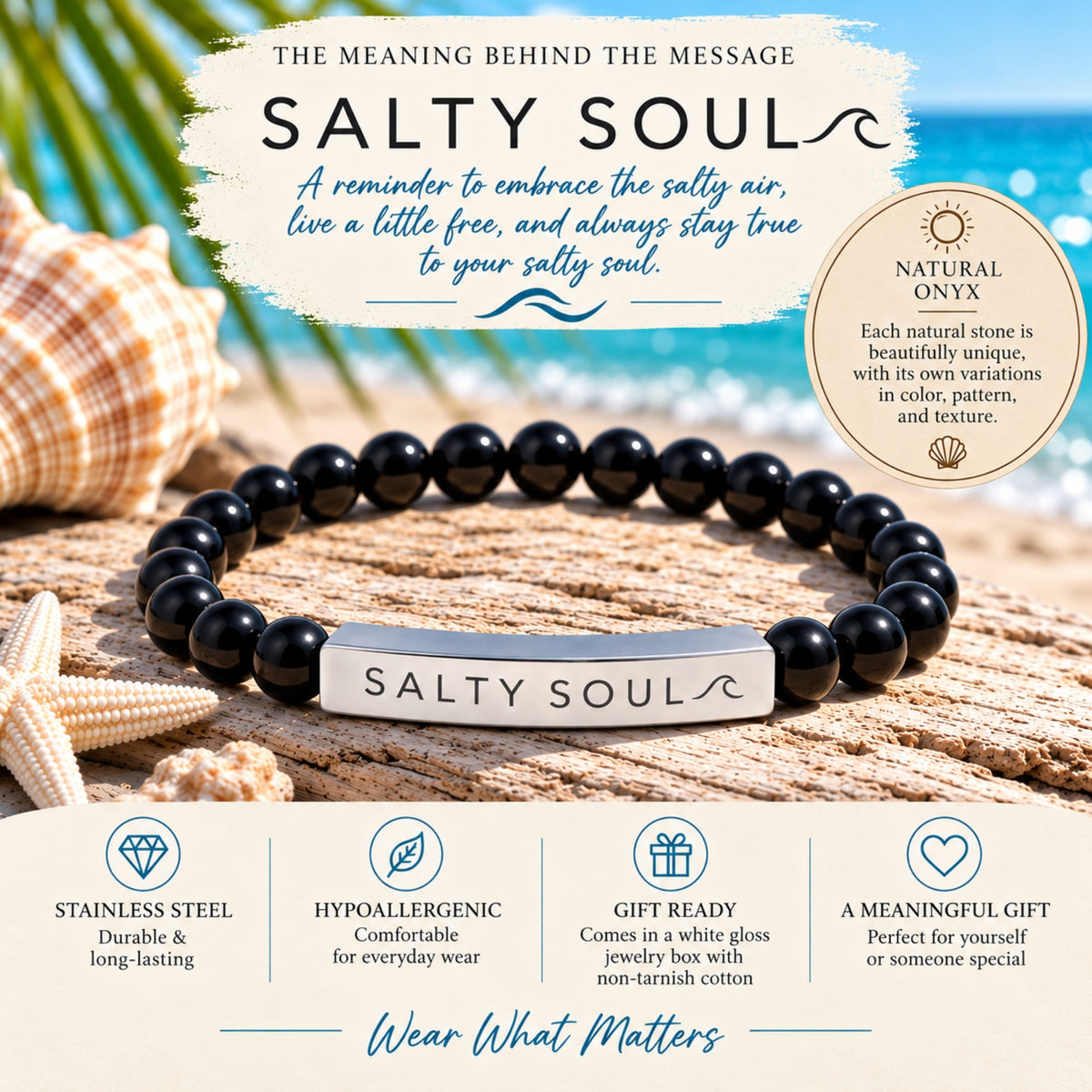 Salty Soul Engraved Black Onyx Natural Stone Bracelet with Wave