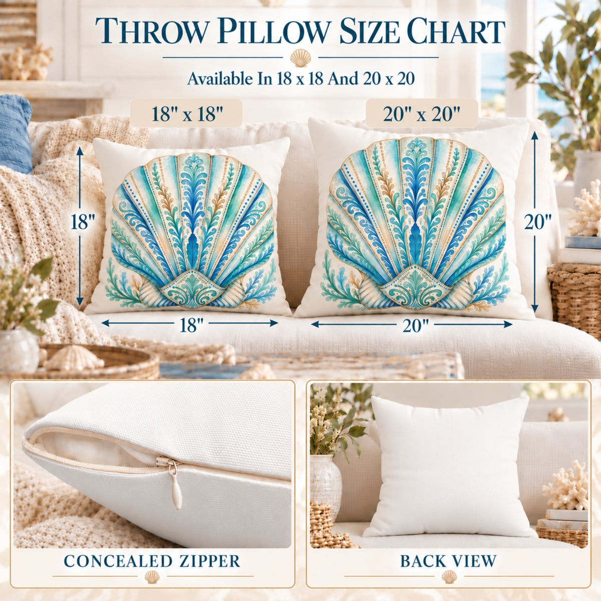 Ornamental Watercolor Scallop Shell Throw Pillow