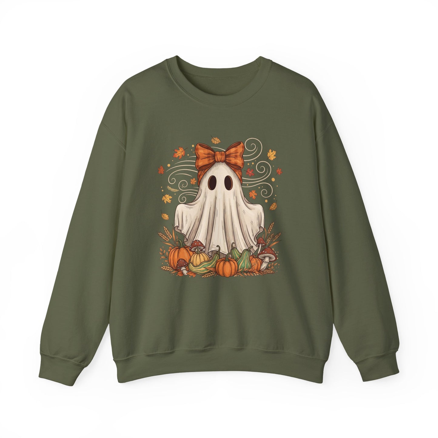 Whimsical Ghost with Coquette Bow Fall Crewneck Sweatshirt, Perfect for Halloween, Cozy Fall Vibes, Festive Apparel