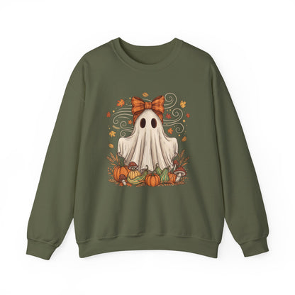 Whimsical Ghost with Coquette Bow Fall Crewneck Sweatshirt, Perfect for Halloween, Cozy Fall Vibes, Festive Apparel