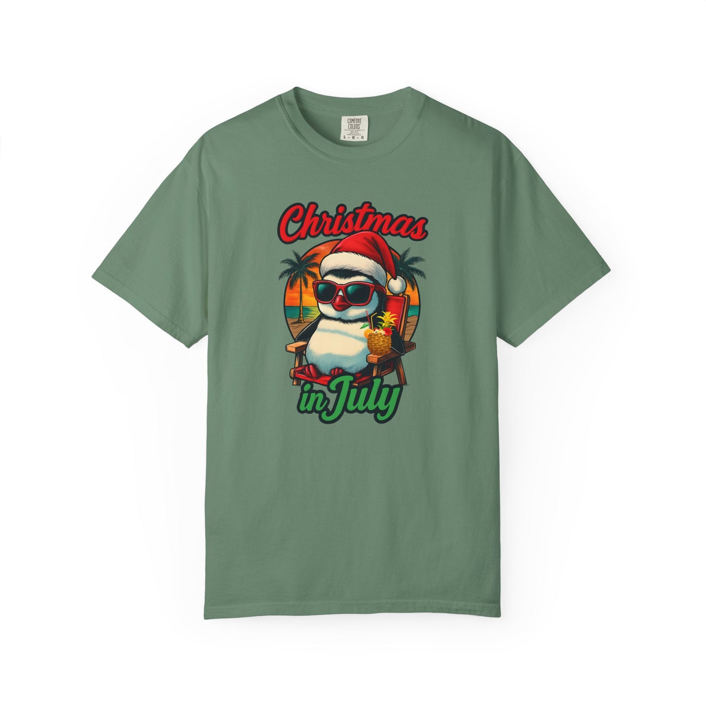 Christmas in July Penguin Design Comfort Colors T-shirt, Fun Summer Tee, Holiday Gift, Unisex Casual Wear, Tropical Christmas Shirt