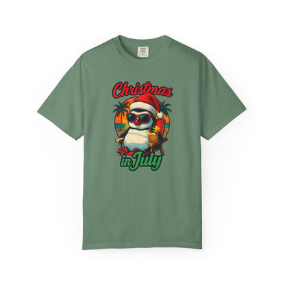 Christmas in July Penguin Design Comfort Colors T-shirt, Fun Summer Tee, Holiday Gift, Unisex Casual Wear, Tropical Christmas Shirt