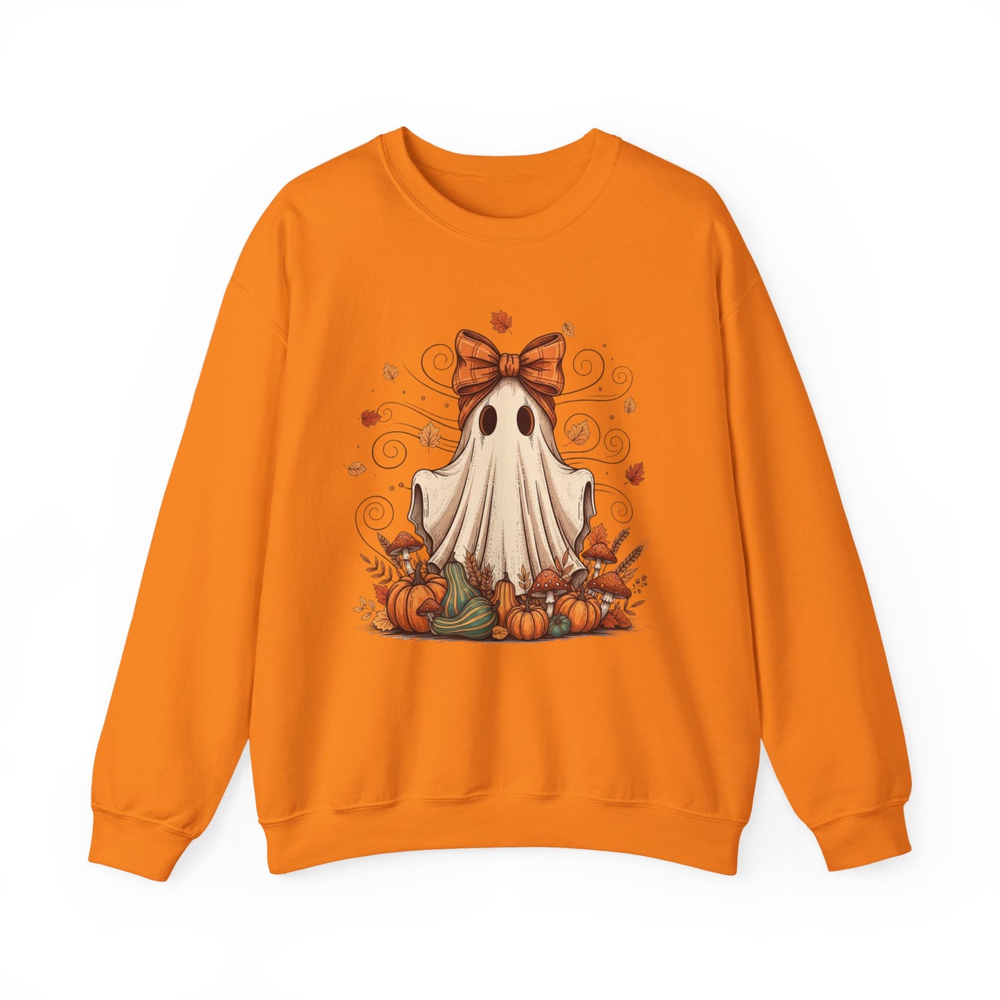 Whimsical Ghost with Coquette Bow Fall Crewneck Sweatshirt, Perfect for Halloween, Cozy Fall Vibes, Festive Apparel
