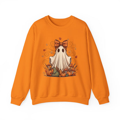 Whimsical Ghost with Coquette Bow Fall Crewneck Sweatshirt, Perfect for Halloween, Cozy Fall Vibes, Festive Apparel