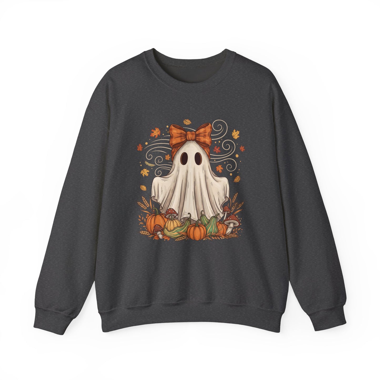 Whimsical Ghost with Coquette Bow Fall Crewneck Sweatshirt, Perfect for Halloween, Cozy Fall Vibes, Festive Apparel