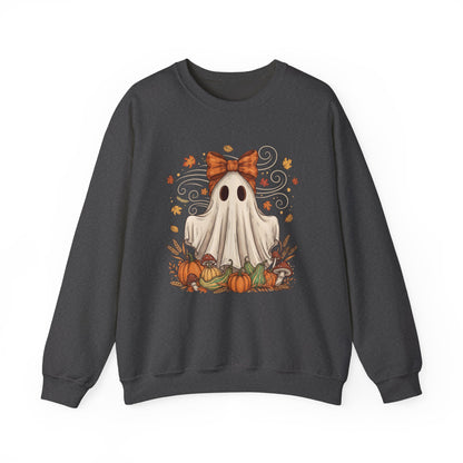 Whimsical Ghost with Coquette Bow Fall Crewneck Sweatshirt, Perfect for Halloween, Cozy Fall Vibes, Festive Apparel
