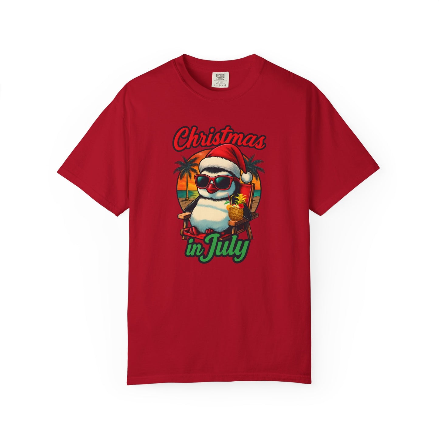 Christmas in July Penguin Design Comfort Colors T-shirt, Fun Summer Tee, Holiday Gift, Unisex Casual Wear, Tropical Christmas Shirt