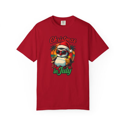 Christmas in July Penguin Design Comfort Colors T-shirt, Fun Summer Tee, Holiday Gift, Unisex Casual Wear, Tropical Christmas Shirt
