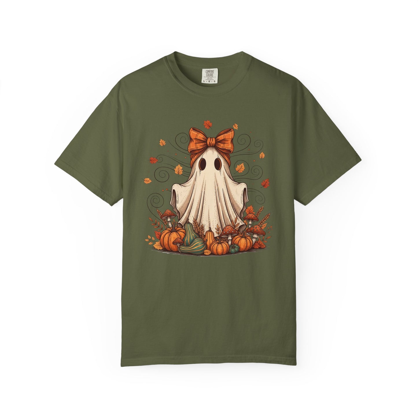 Whimsical Ghost with Coquette Bow Fall Crewneck T-Shirt, Perfect for Halloween, Cozy Fall Vibes, Festive Apparel