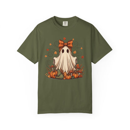 Whimsical Ghost with Coquette Bow Fall Crewneck T-Shirt, Perfect for Halloween, Cozy Fall Vibes, Festive Apparel