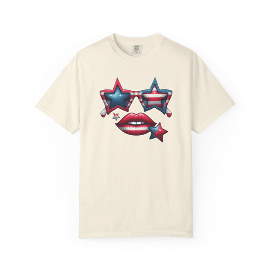 Patriotic Star Sunglasses & Red Lips Tee | 4th of July Comfort Colors Shirt