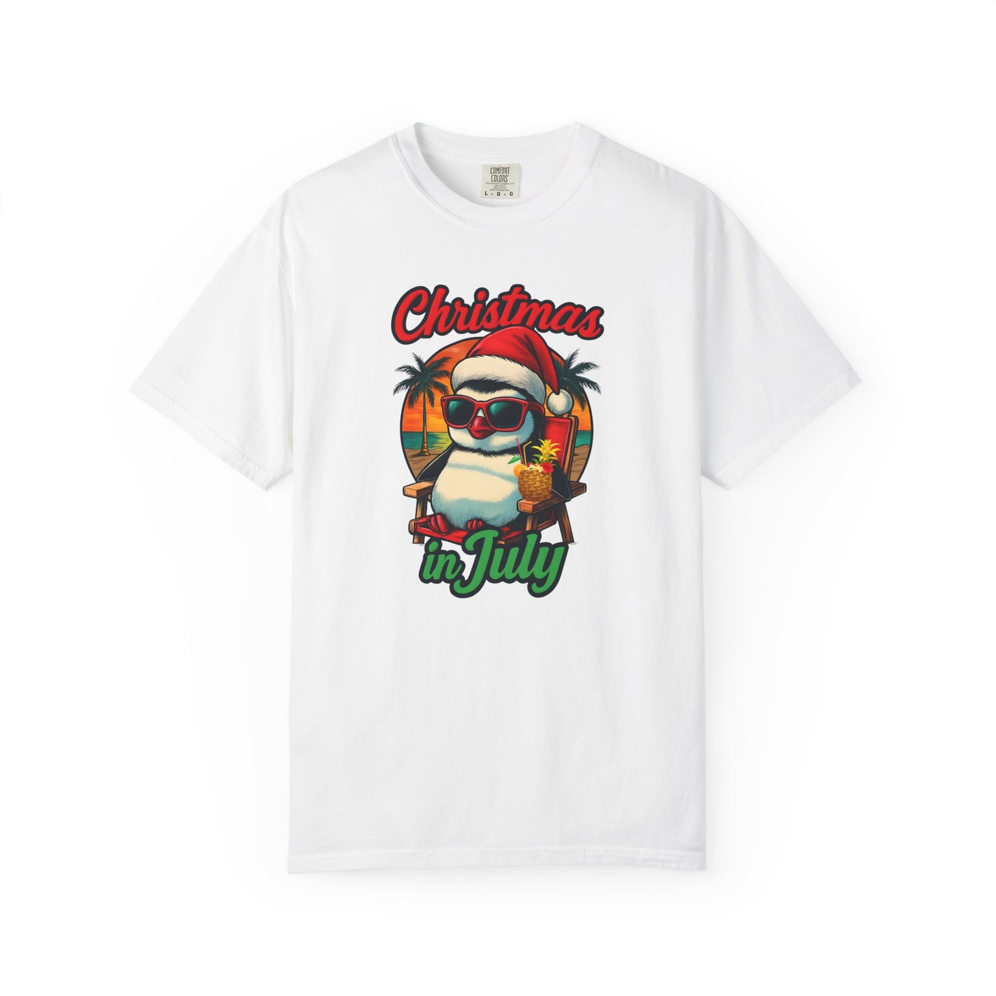 Christmas in July Penguin Design Comfort Colors T-shirt, Fun Summer Tee, Holiday Gift, Unisex Casual Wear, Tropical Christmas Shirt