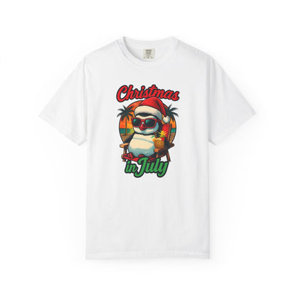 Christmas in July Penguin Design Comfort Colors T-shirt, Fun Summer Tee, Holiday Gift, Unisex Casual Wear, Tropical Christmas Shirt