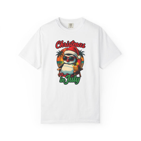 Christmas in July Penguin Design Comfort Colors T-shirt, Fun Summer Tee, Holiday Gift, Unisex Casual Wear, Tropical Christmas Shirt