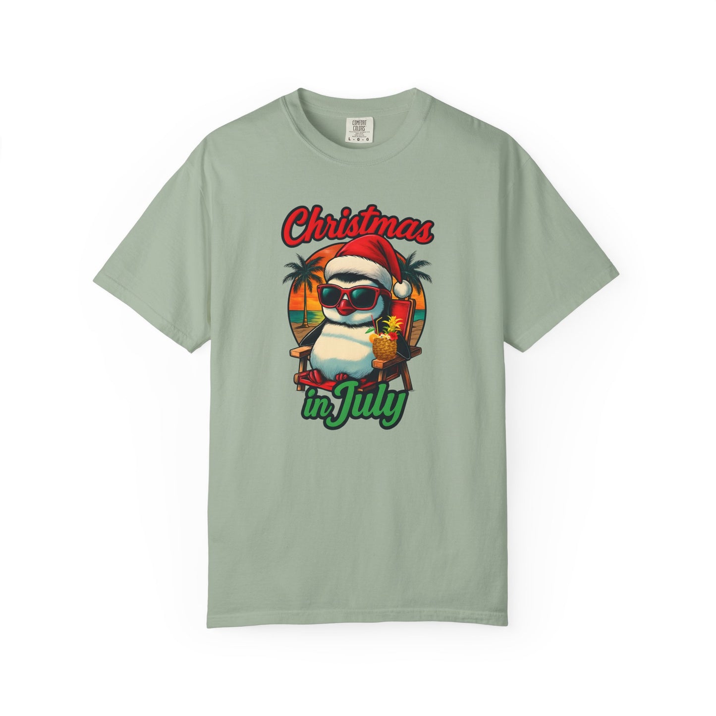 Christmas in July Penguin Design Comfort Colors T-shirt, Fun Summer Tee, Holiday Gift, Unisex Casual Wear, Tropical Christmas Shirt