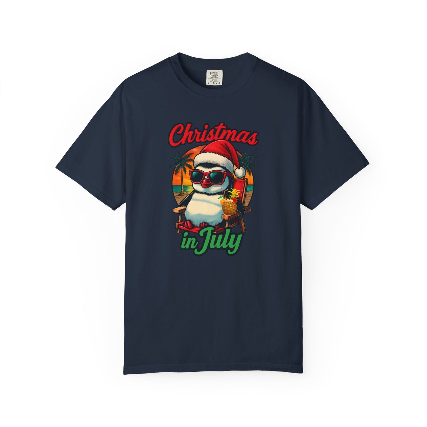 Christmas in July Penguin Design Comfort Colors T-shirt, Fun Summer Tee, Holiday Gift, Unisex Casual Wear, Tropical Christmas Shirt