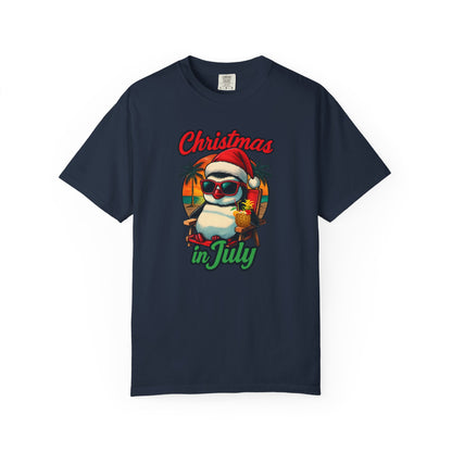 Christmas in July Penguin Design Comfort Colors T-shirt, Fun Summer Tee, Holiday Gift, Unisex Casual Wear, Tropical Christmas Shirt