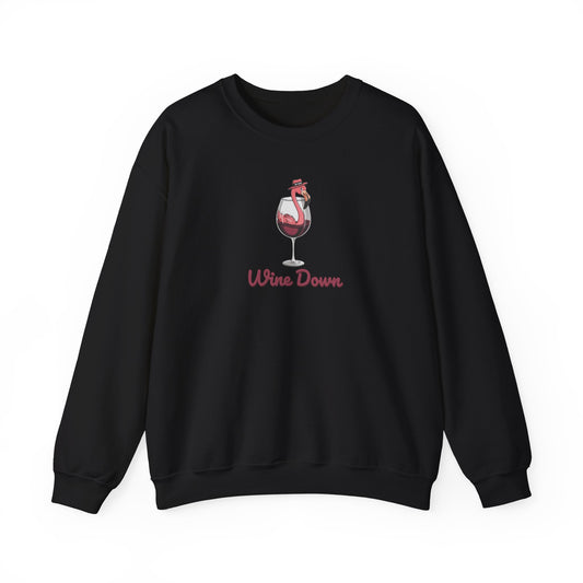 Wine Down Flamingo Graphic Crewneck Sweatshirt - Cozy Gift for Wine Lovers, Beach Vibes, Summer Parties, Relaxation Days, Cute Casual Wear