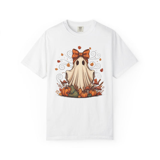 Whimsical Ghost with Coquette Bow Fall Crewneck T-Shirt, Perfect for Halloween, Cozy Fall Vibes, Festive Apparel