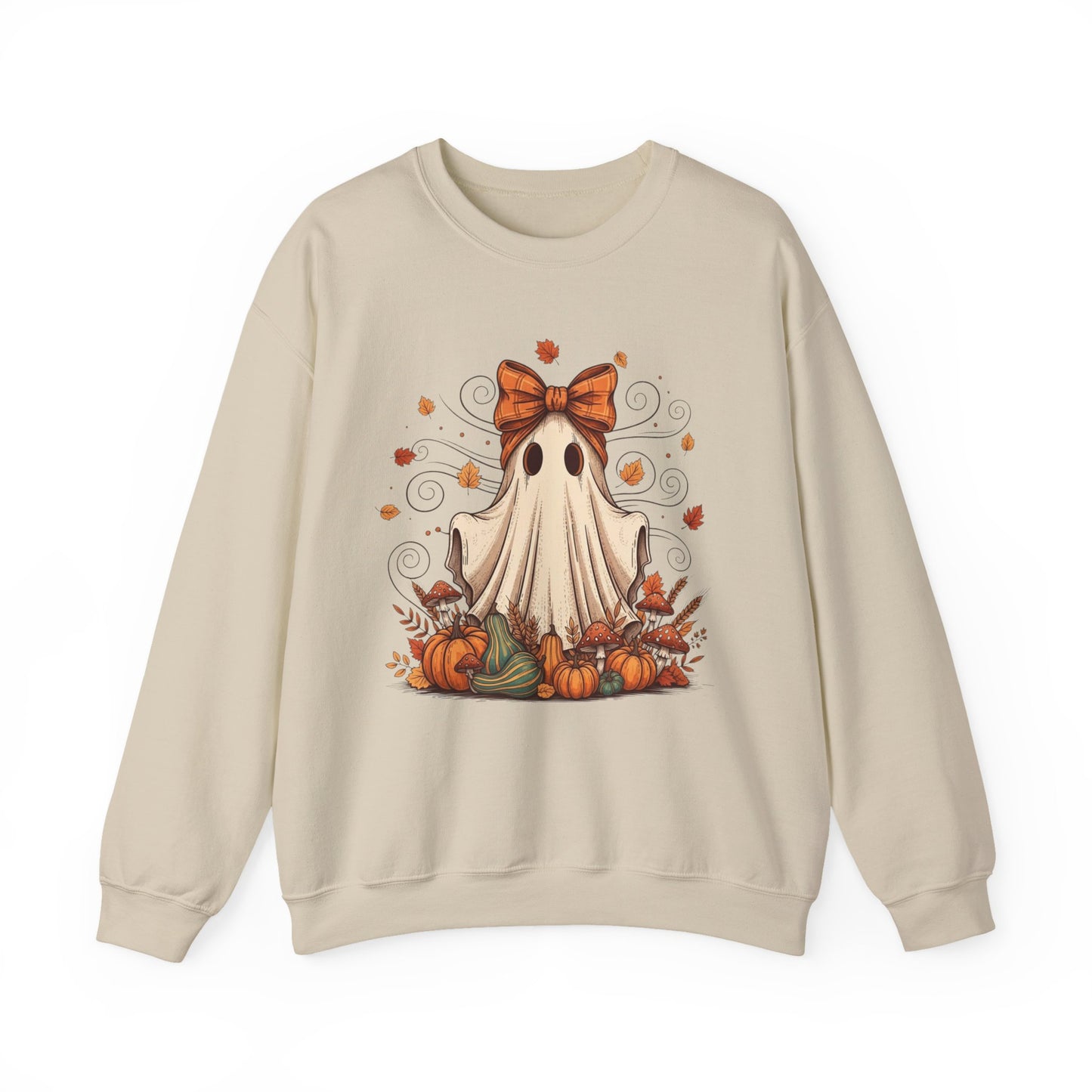 Whimsical Ghost with Coquette Bow Fall Crewneck Sweatshirt, Perfect for Halloween, Cozy Fall Vibes, Festive Apparel