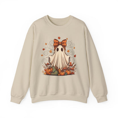 Whimsical Ghost with Coquette Bow Fall Crewneck Sweatshirt, Perfect for Halloween, Cozy Fall Vibes, Festive Apparel