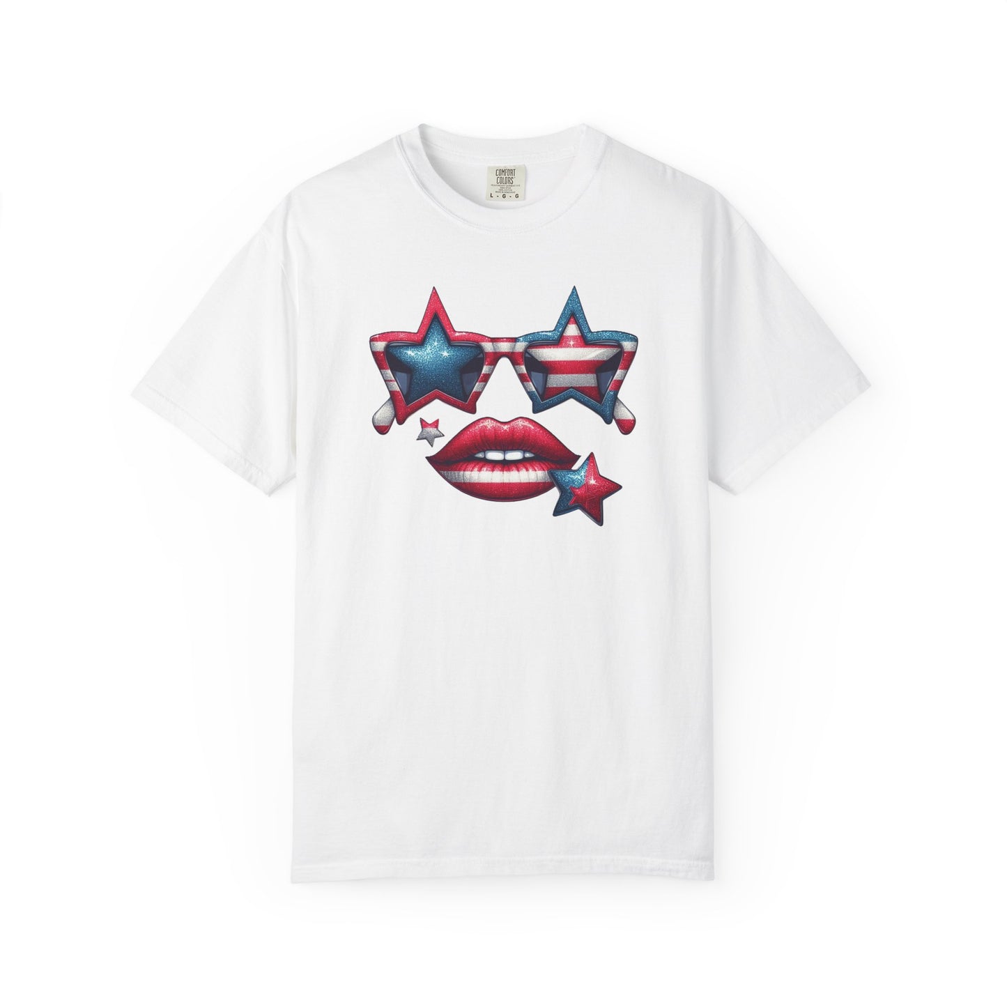 Patriotic Star Sunglasses & Red Lips Tee | 4th of July Comfort Colors Shirt