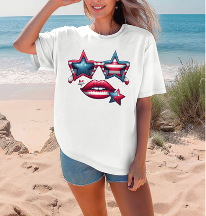 Patriotic Star Sunglasses & Red Lips Tee | 4th of July Comfort Colors Shirt