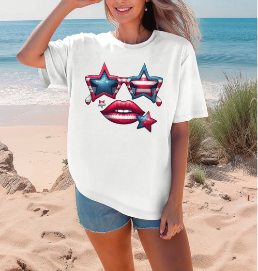 Patriotic Star Sunglasses & Red Lips Tee | 4th of July Comfort Colors Shirt