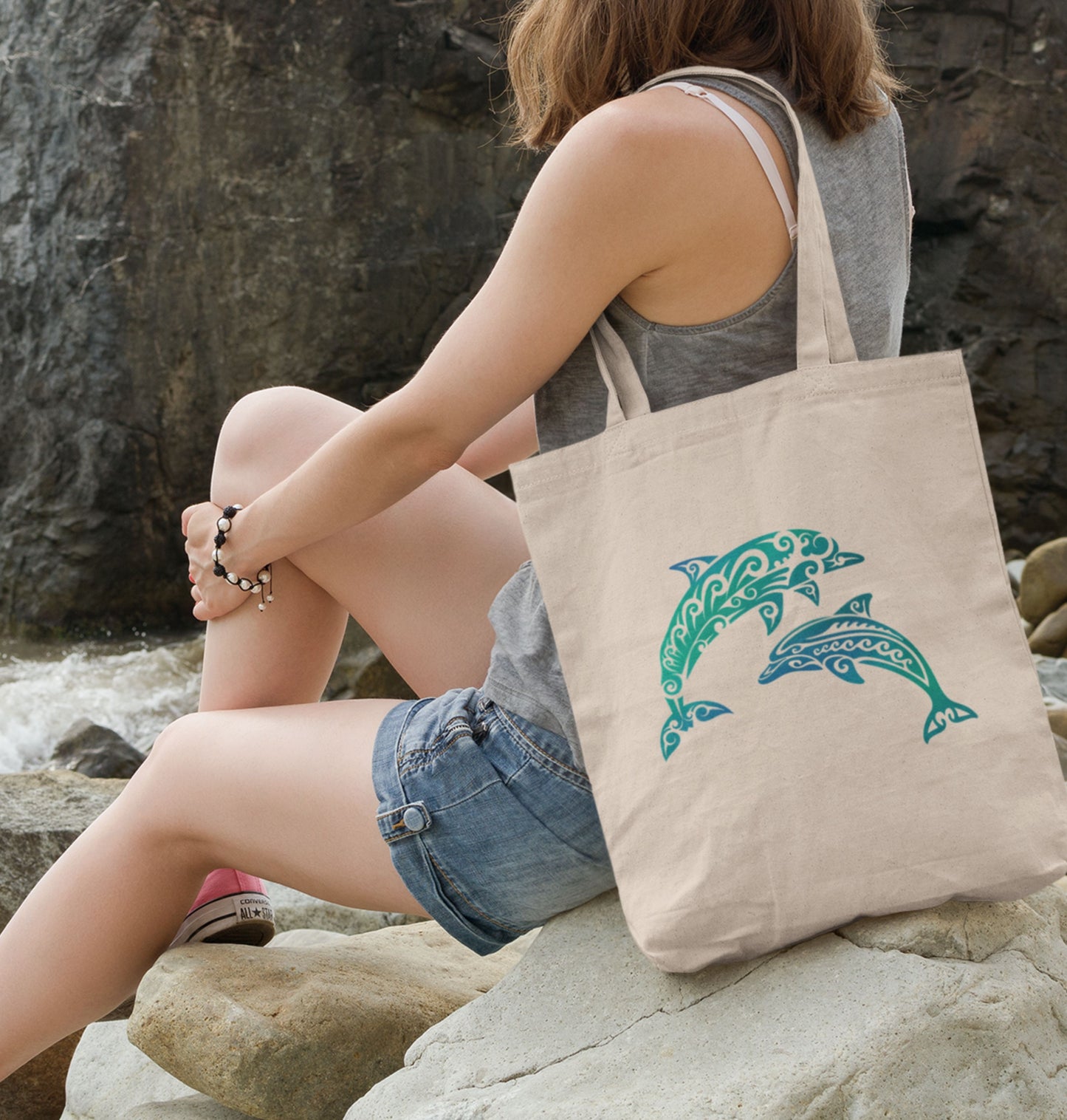 Tribal Dolphin Tote Bag | Eco-Friendly Cotton Canvas Beach Bag