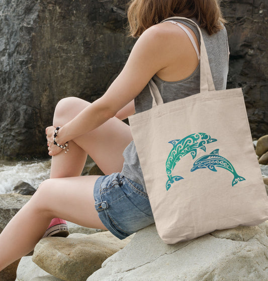 Tribal Dolphin Tote Bag | Eco-Friendly Cotton Canvas Beach Bag