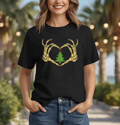 Skeleton Hands Heart Christmas Tree T-Shirt | Gildan Unisex Holiday Tee