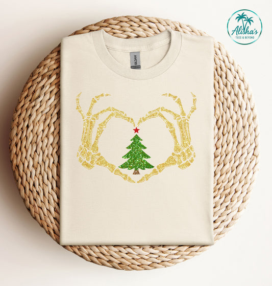 Skeleton Hands Heart Christmas Tree T-Shirt | Gildan Unisex Holiday Tee
