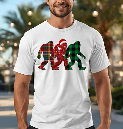 Bigfoot Trio Christmas T-Shirt — Holiday Sasquatch Plaid Tee