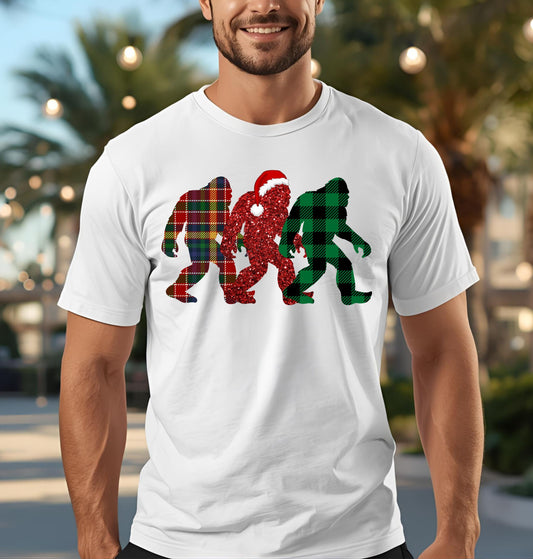 Bigfoot Trio Christmas T-Shirt — Holiday Sasquatch Plaid Tee