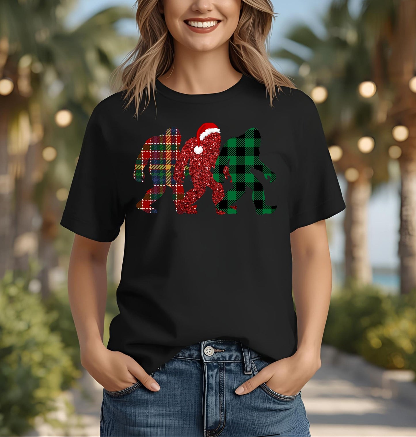 Bigfoot Trio Christmas T-Shirt — Holiday Sasquatch Plaid Tee