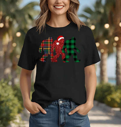 Bigfoot Trio Christmas T-Shirt — Holiday Sasquatch Plaid Tee