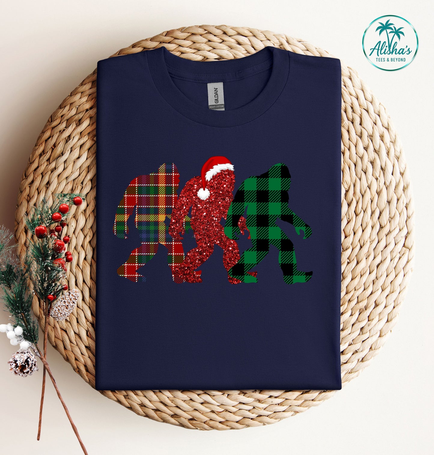 Bigfoot Trio Christmas T-Shirt — Holiday Sasquatch Plaid Tee