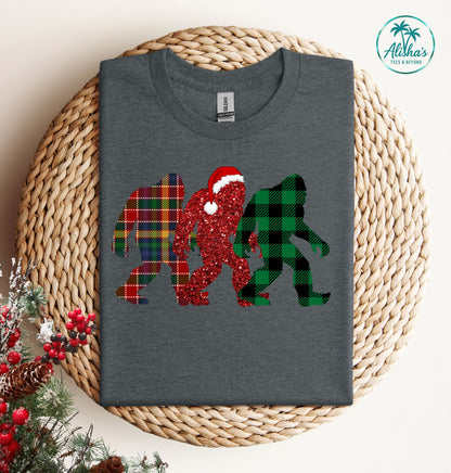 Bigfoot Trio Christmas T-Shirt — Holiday Sasquatch Plaid Tee