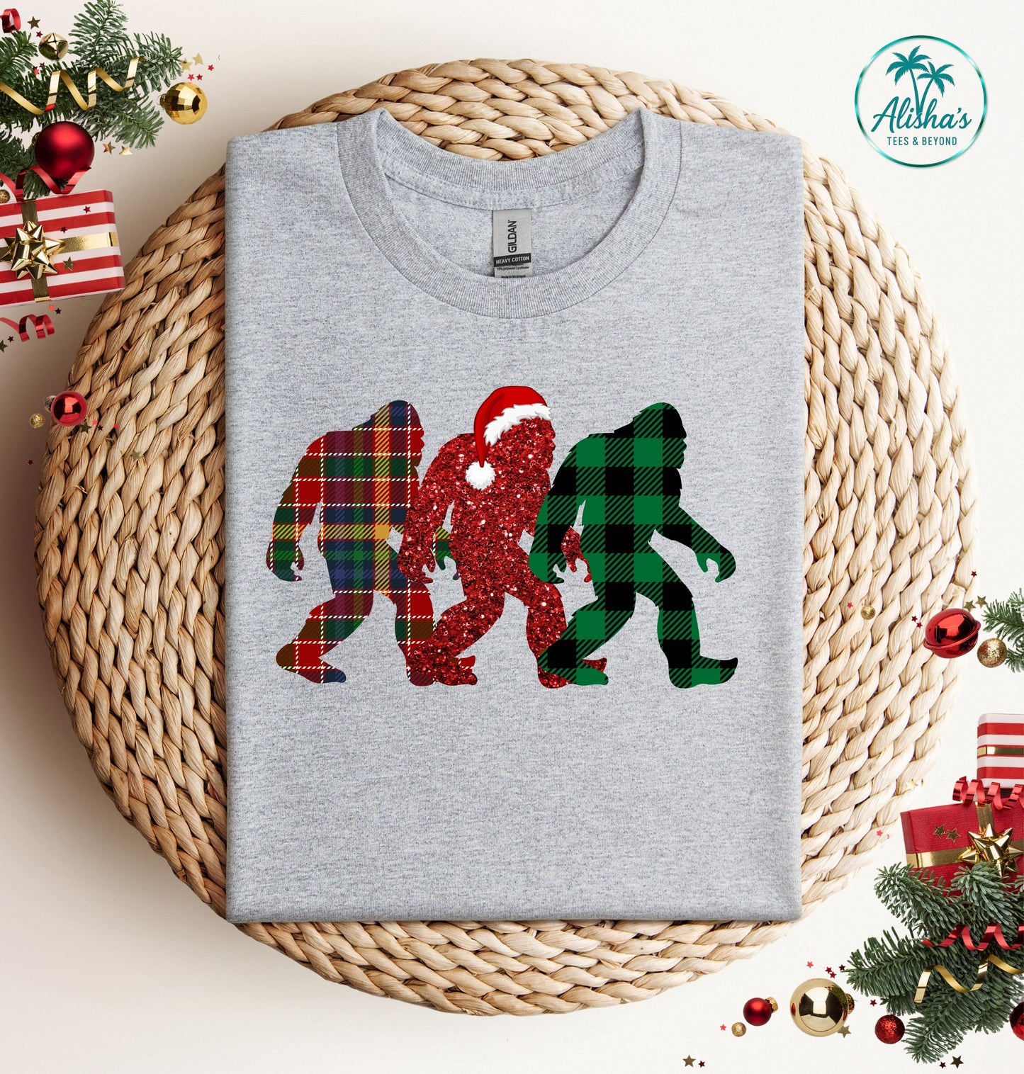 Bigfoot Trio Christmas T-Shirt — Holiday Sasquatch Plaid Tee