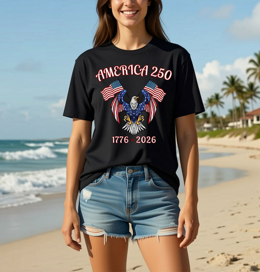 America 250 Eagle T-Shirt — 1776–2026 Patriotic Flags Tee