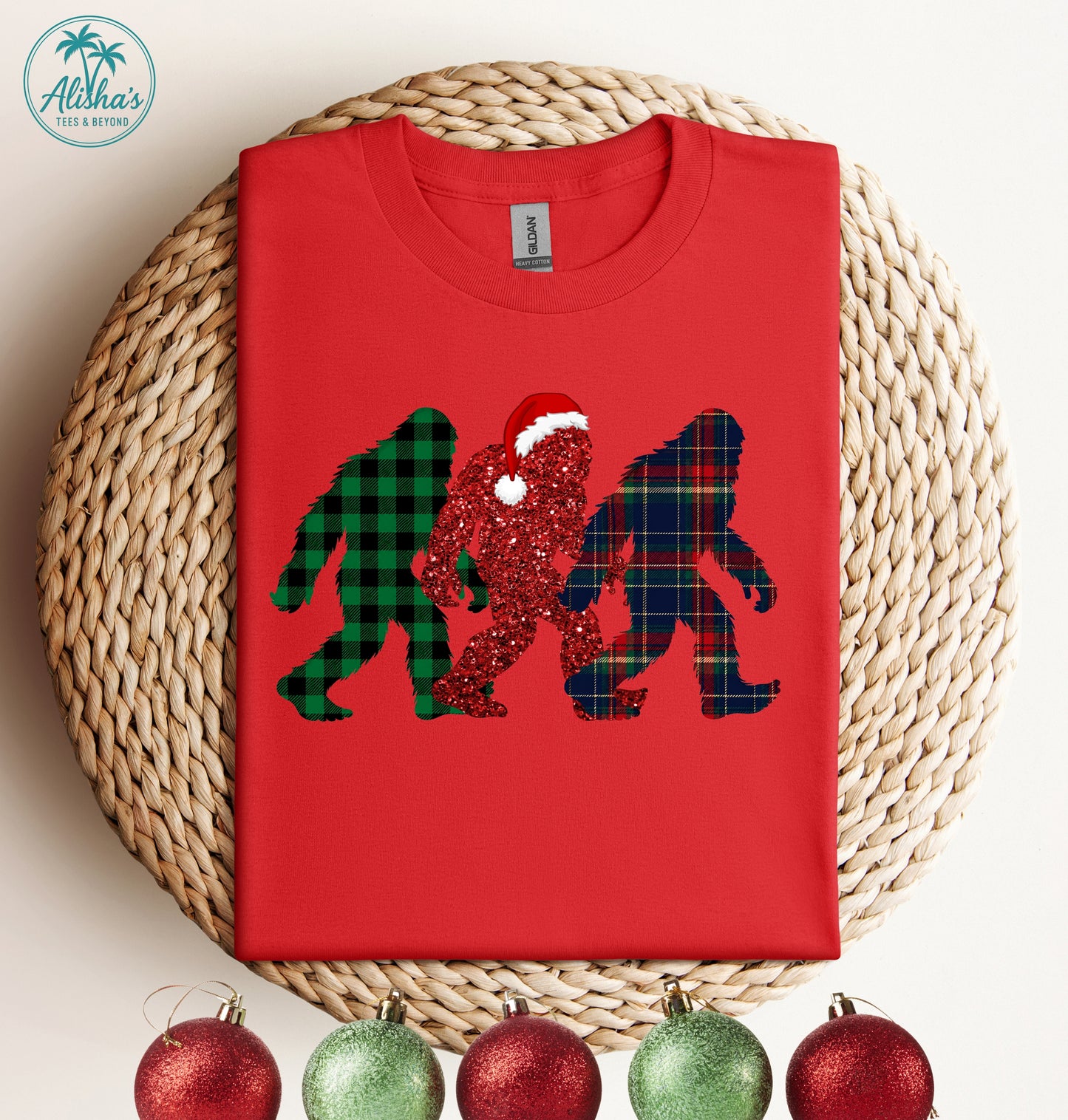 Bigfoot Trio Christmas T-Shirt | Holiday Sasquatch Plaid Tee