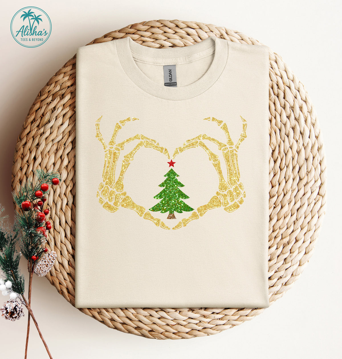 Skeleton Hands Heart Christmas Tree T-Shirt | Unisex Holiday Tee