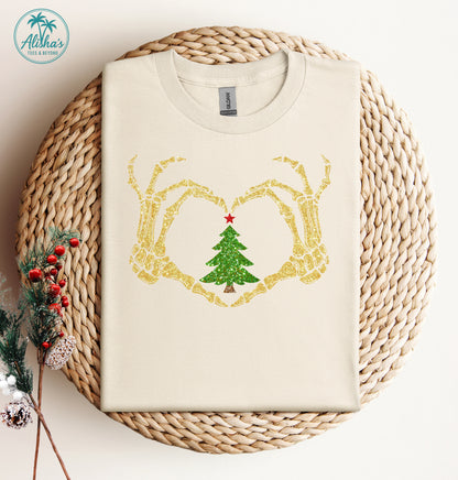 Skeleton Hands Heart Christmas Tree T-Shirt | Unisex Holiday Tee