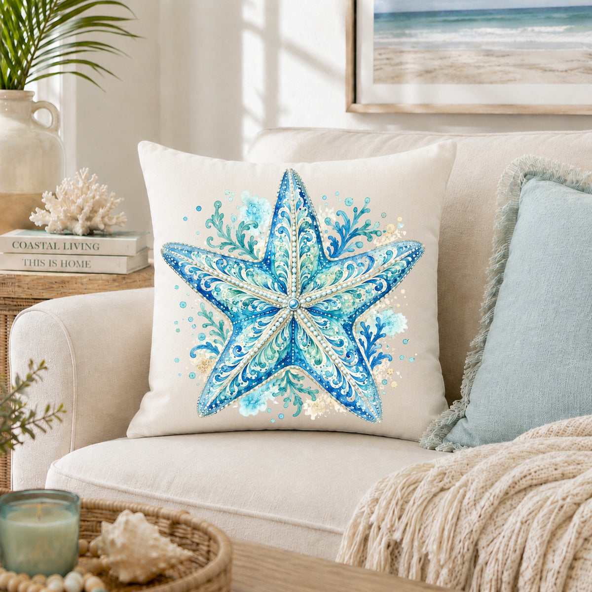 Ornamental Watercolor Starfish Throw Pillow