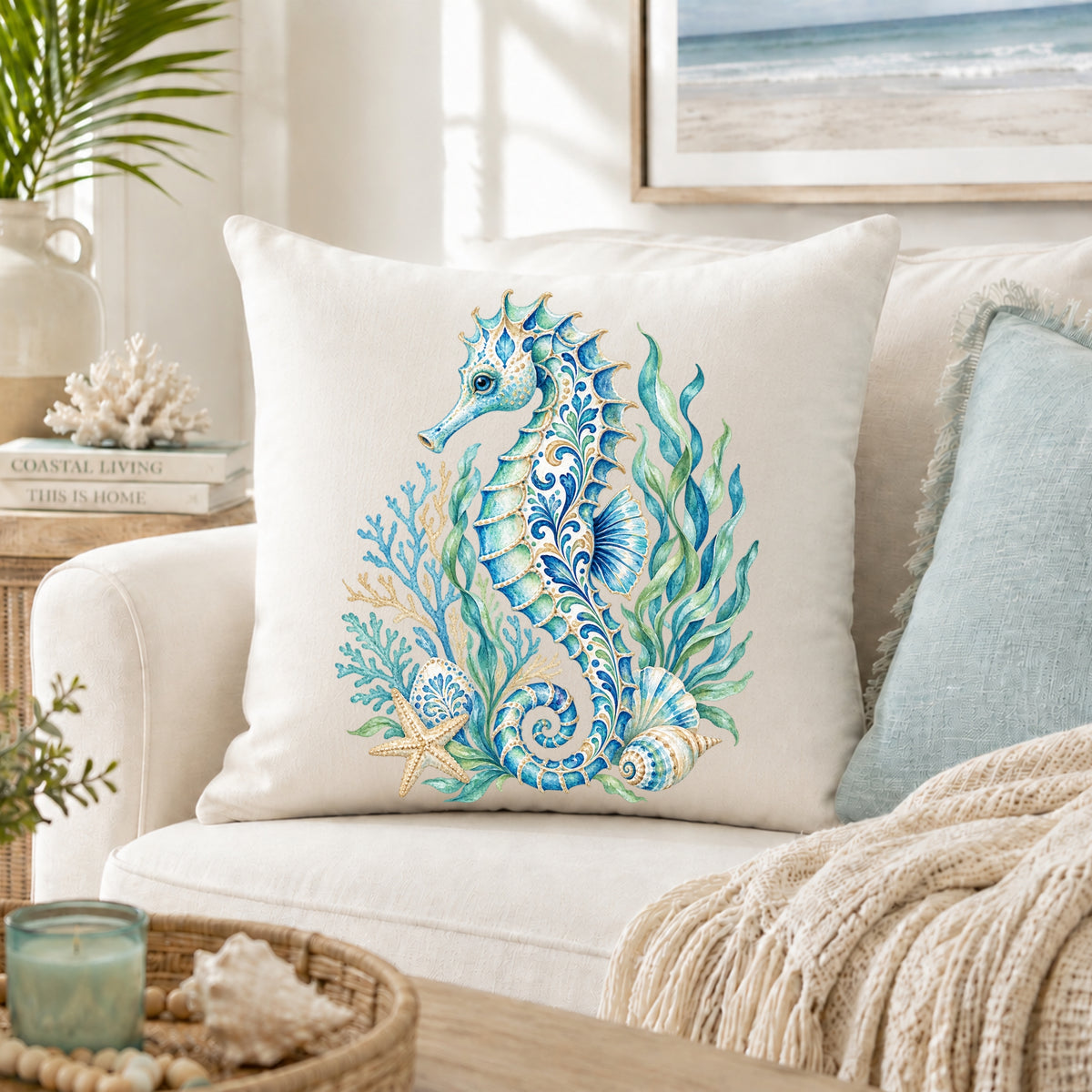 Ornamental Watercolor Seahorse Throw Pillow