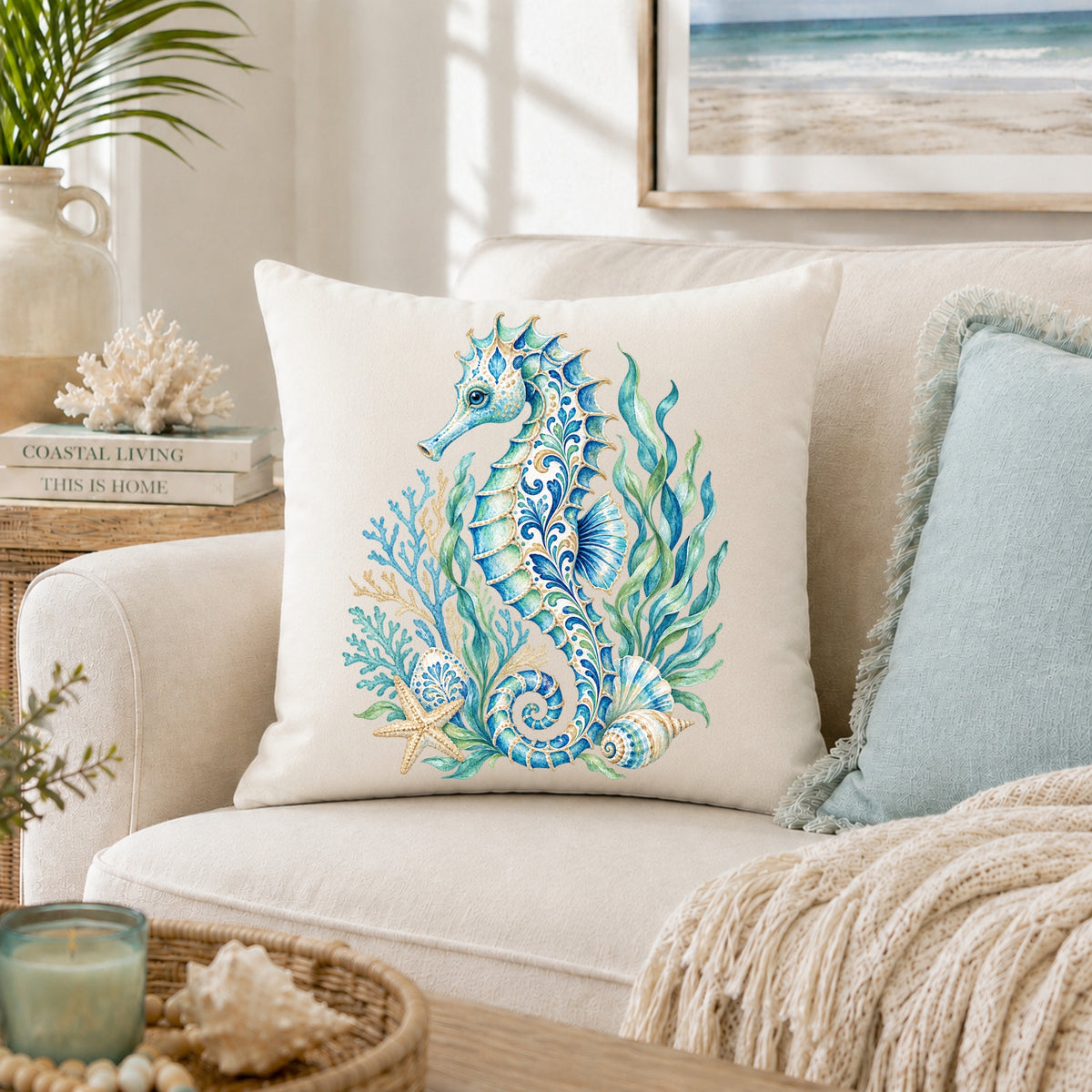 Ornamental Watercolor Seahorse Throw Pillow